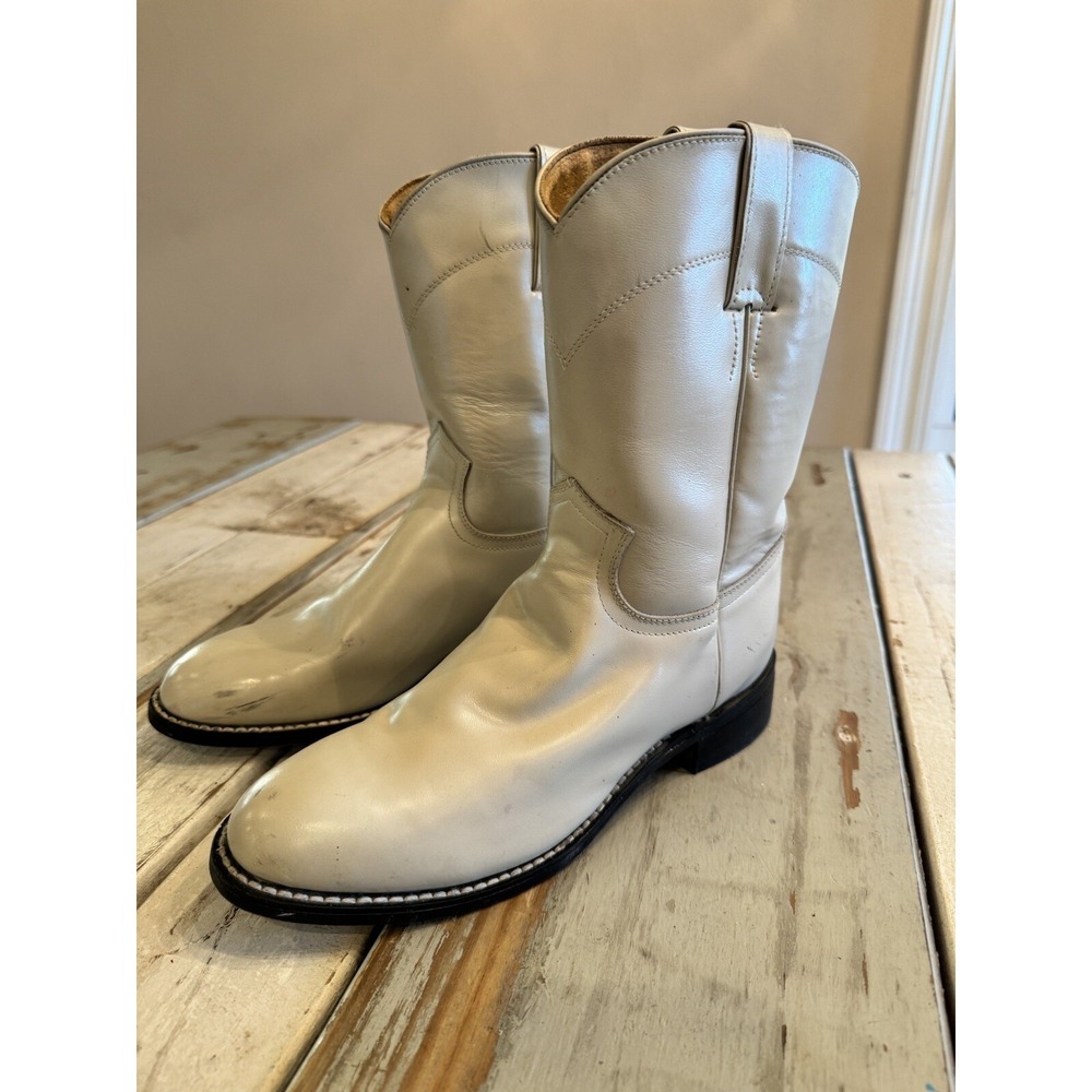 JUSTIN LEATHER COWBOY BOOTS JUNIOR SIZE 4 D, LIGHT PEARL COLOR #3713Y EUC